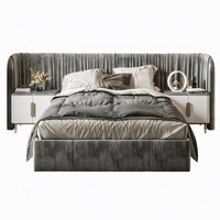 Lit double en tissu gris minimaliste de style italien, en bois de pin, avec tête de lit large plissée et capitonnée, pour chambre principale