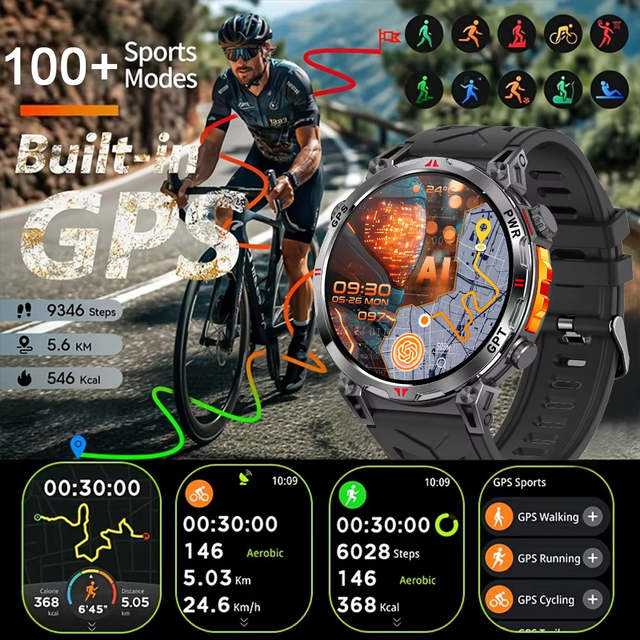 Advanced Fitness & Health Monitoring GPS Positioning Tracking BT Calling 1200mAh Large Battery LED Flashlight Smartwatch KC108