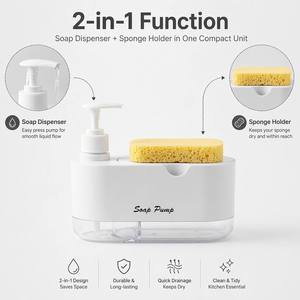 Distributeur de <span class=keywords><strong>savon</strong></span> à vaisselle 2-en-1 avec support pour éponge et gomme à effacer, en ABS, conception à double bec compartimenté - Product Image 4