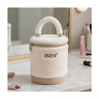 Tas Makeup Silinder Bulu Lembut Isen Cosmetic, Bentuk Barel Portabel dengan Ritsleting, untuk Wanita dan Remaja Putri, Cocok untuk Perjalanan