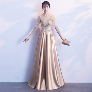 Elegant Gold Long Satin Evening <b>Dress</b> Scoop Neck <b>A</b>-<b>Line</b> Empire Waist For Hostess Choir Performances - Product Image 1