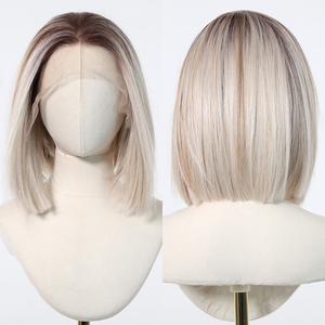 Future Fiber 13x6 Lace Bob peluca <span class=keywords><strong>gris</strong></span> <span class=keywords><strong>plata</strong></span> Ombre fibra suave de alta calidad Bob Cabeza corta <span class=keywords><strong>pelo</strong></span> liso suave y transpirable - Product Image 1