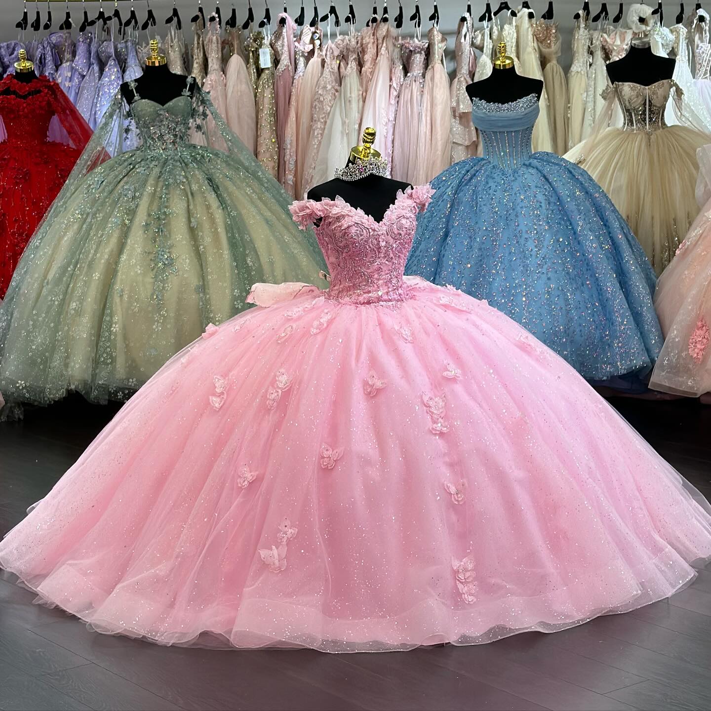 Mumuleo Tulle Floor Length Pink Butterfly Quince Dress