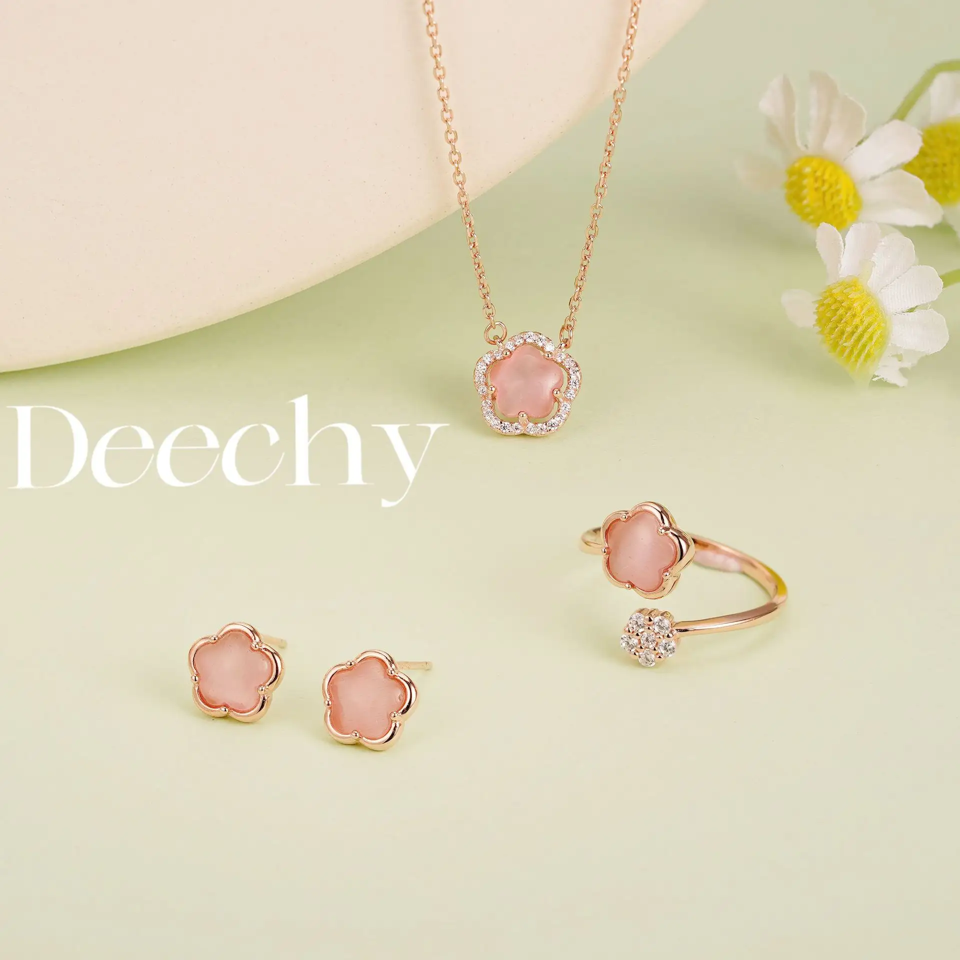 S925 Opal perak murni kalung merah muda bunga sakura manis kalung cincin anting Set untuk wanita Set perhiasan