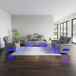 Modern Artificial Leather Reclining <b>Sofa</b> Set Colorful LED Lights Drop Table Function Sponge Living Room Contemporary Design - Product Image 1