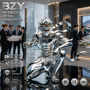 Grande sculpture BZY en acier inoxydable poli miroir du Roi singe mythique Sun Wukong, Art public emblématique, Vente en gros B2B - Product Image 1