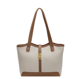 Sac fourre-tout patchwork beige et marron, design simple, sac à main mode femme - Product Image 1