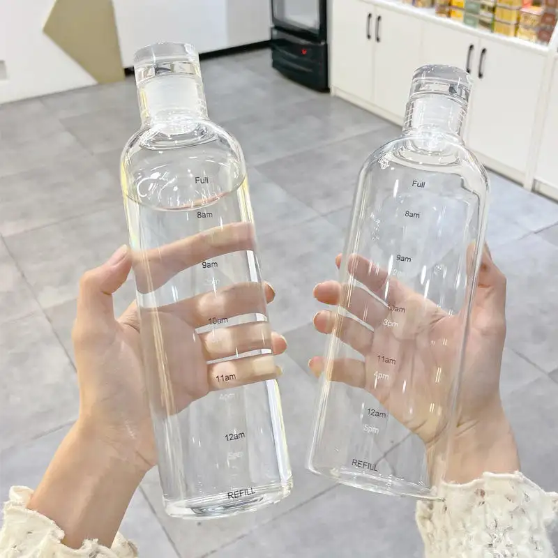 Transparent Milk Juice Simple Cup Birthday Gift 750ml Large Capacity Glass Water Bottle With Time Marker Cover For Water Drink