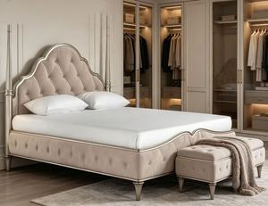 Premium Queen Size Silver Four Poster <b>Bed</b> With Beige Velvet Diamond Tufted Arched Headboard For Luxury Bedroom - Product Image 5
