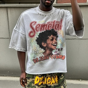 YITE kaus kotak bahu jatuh pria motif berlian imitasi Vintage kaus crop ukuran besar 100% katun cetak kustom pria - Product Image 2