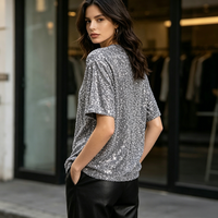 T-shirt femme à manches courtes surdimensionné en dentelle, entièrement orné de paillettes, formel, scintillant, séchage rapide, pour les fêtes et le quotidien