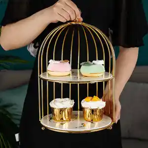 Mirorred Kaca Sangkar Burung Besar Vanity Tray Harian Kalung Pemegang Makanan Penutup Cupcake Berdiri Dalam Emas