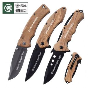 Navaja de Bolsillo Plegable Personalizada OEM con Mango Completo de Madera de Olivo, Hoja con Recubrimiento Negro y Grabado Láser, para Caza, EDC, Camping, Regalo para Actividades al Aire Libre - Product Image 1