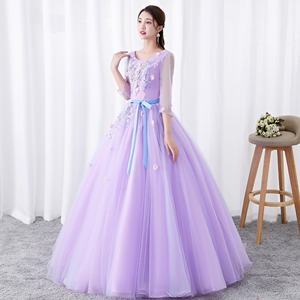 Purple Tulle Ball Gown O-Neck Empire Waist Floral Print Evening Dress For Banquets Parties Art Exam - Product Image 4