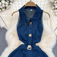 Gaun Maxi Denim Retro Wanita Tanpa Lengan Dengan Kerah Kancing Depan, Potongan Pinggang, Saku Samping, Model A-Line Kasual
