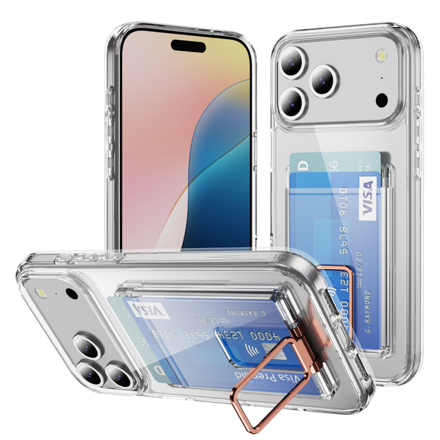 Foldable Kickstand Holder with Card Slots Clear Case for iPhone 17 18 Pro Max TPU+PC Mobile Accessories Cases for iPhone