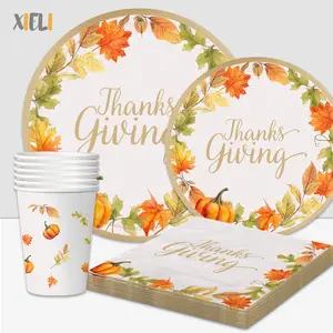 Xieli Autumn Maple Leaves Thanksgiving Paper Plates Napkins Cups Disposable Party Tableware Set