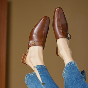 Mules de Cuero Genuino para <span class=keywords><strong>Mujer</strong></span>, Punta Cuadrada, Tacón Cuadrado, Plantilla de Piel de Oveja, Transpirables, Cómodos, Zapatos de Trabajo Profesionales, Color Marrón - Product Image 2