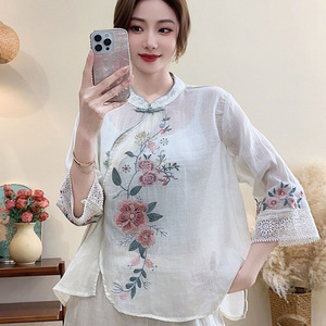 Chinese Embroidery Linen Top Women Stand Collar Mid Sleeve Loose Fit Rose Red Chinoiserie Style Blouse For Everyday Wear - Product Image 2