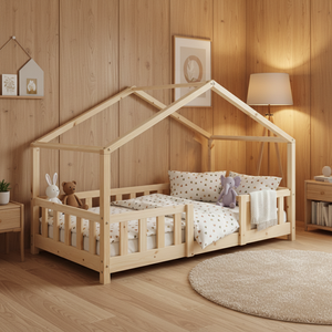 <span class=keywords><strong>Letto</strong></span> Tradizionale a Casetta per <span class=keywords><strong>Cameretta</strong></span> Bambini con Barriera di Sicurezza, Struttura in Legno di Pino 80 x 160 cm, Naturale - Product Image 1