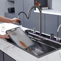 Évier de cuisine moderne de luxe intelligent en acier inoxydable rectangulaire à cuve unique à encastrer avec affichage numérique multifonction et cascade
