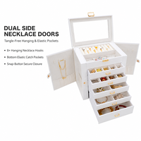 Boîte de rangement pour bijoux en cuir PU blanc sur mesure avec fenêtre en verre transparent, 5 tiroirs, 2 portes latérales, organiseur pour colliers