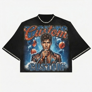 Custom Bling T-shirt 300GSM Heavyweight Cotton Acid Wash Oversized Cropped Boxy Rhinestone Graphic Tee Men T Shirt - Product Image 2