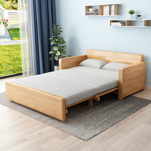 <b>Sofa</b> <b>Bed</b> Solid Wood Convertible Extendable Foldable With Storage For <b>Small</b> Apartments Double Size Natural Walnut Color - Product Image 2