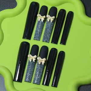 Uñas postizas de lujo acrílicas hechas a mano con diseño de estrellas y mariposas, puntas francesas, cobertura completa, estilo ataúd, cuadradas, al por mayor - Product Image 3