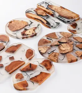 HOT 삼나무 나무 에폭시 서빙 플레이스맷 컵 찻주전자 접시 소박한 직사각형 둥근 나무 수지 서빙 트레이