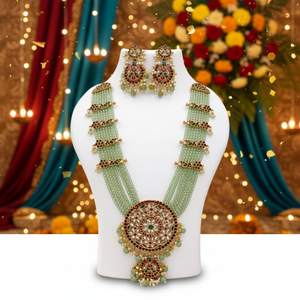 Latest High Quality Pearl Antique Green Zircon Beads <b>Gold</b> Plated Flower Design Long Necklace <b>Set</b> Earrings Indian Wedding Party - Product Image 3