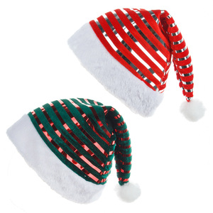 Chapeau de Père Noël en velours rayé avec bordure en fourrure blanche, décorations classiques pour les fêtes de Noël - Product Image 2