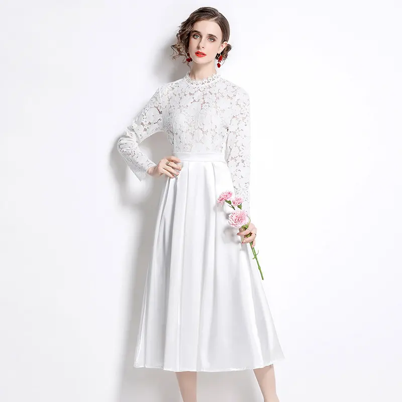 Wholesale Elegant Long Sleeve Women Hollow out White Lace Dress Long