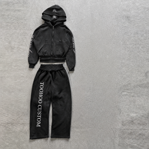 Custom <b>Cropped</b> <b>Zip</b> <b>Up</b> <b>Hoodie</b> Wide Leg Pants Set Men Streetwear Matching Fleece Tracksuit OEM Group Custom - Product Image 1