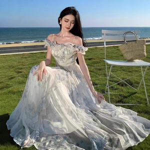 Vestido Largo de Playa con Volantes Franceses, Estampado Floral, de un Solo Hombro, de Secado Rápido, Silueta en A, para Mujer, Cubre Traje de Baño - Product Image 2