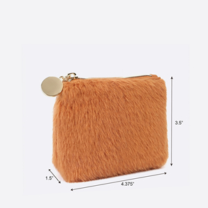 Caramel Faux Fur <b>Mini</b> Cosmetic <b>Pouch</b> with Gold-Tone Zipper for Daily Makeup Coin Purse and Small Item Storage - Product Image 2