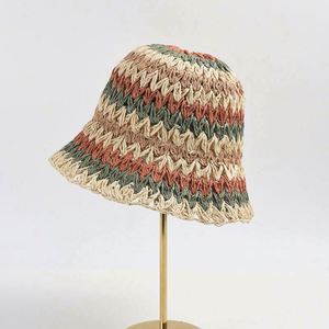 Wholesale Daily Travel Beach Rainbow Striped Hand-hooked Paper Straw Summer Fashion Sunshade Sun Hand Knitted Bucket <b>Hat</b> - Product Image 1