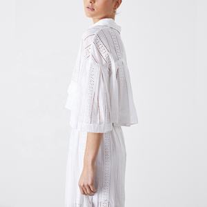 Vêtements en lin deux pièces ensemble jupes femmes <span class=keywords><strong>grande</strong></span> <span class=keywords><strong>taille</strong></span> revers évider Blouses dames costume décontracté respirant demi manches haut court - Product Image 2