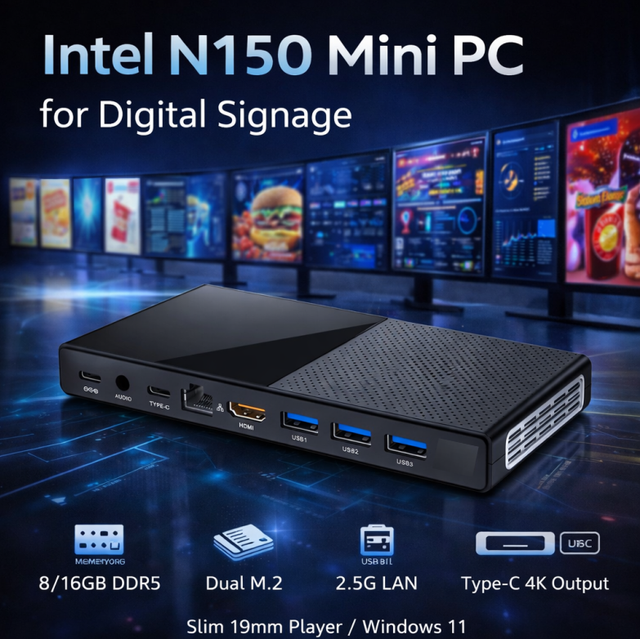 Intel N150 Mini PC for Digital Signage, 8/16GB DDR5, Dual M.2, 2.5G LAN, Type-C 4K Output, Slim 19mm Player Windows 11