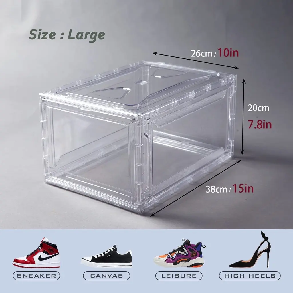 卸売透明プラスチックスニーカースタッカブル靴収納ボックスドロップフロント磁気クリアシューズボックス