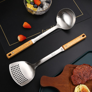 Nueva espátula y cuchara de acero inoxidable 304, espátula y cuchara creativas de doble propósito con mango de madera, espátula para freír y - Product Image 3