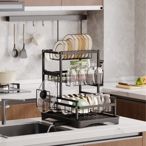 Étagère <span class=keywords><strong>de</strong></span> rangement <span class=keywords><strong>de</strong></span> cuisine à 2 niveaux, en acier inoxydable multi-couches, mobile, non pliable, <span class=keywords><strong>avec</strong></span> panier égouttoir et porte-gobelets - Product Image 6
