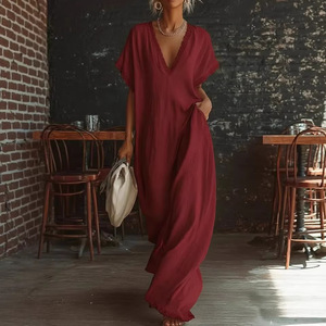 <span class=keywords><strong>Abito</strong></span> <span class=keywords><strong>Lungo</strong></span> Estivo 2026 di Tendenza in <span class=keywords><strong>Lino</strong></span> e Cotone, Modello Svasato con Scollo a V e Bordo in Pizzo, Elegante e Comodo, Stile Casual Europeo e Americano - Product Image 1