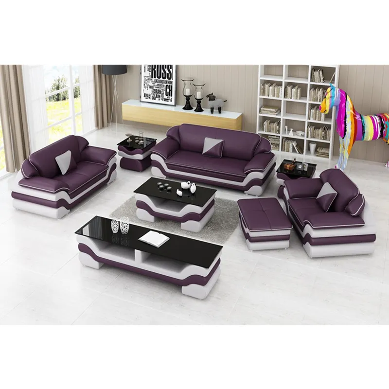 Conjunto de sofá secional roxo, elegante, couro genuíno, madeira sólida, sala de estar, móveis, sofás