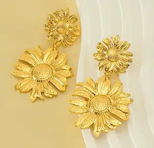 Fine Jewelry sun flower drop earrings Gold pvd Plated Stainless Steel Chunky Statement flower Earrings women