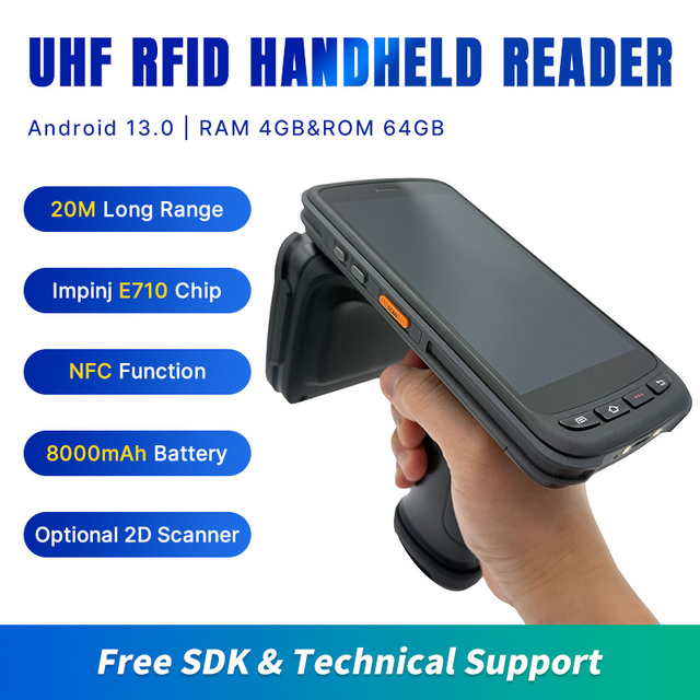 Rugged 20m Long Range RFID UHF Handheld Reader Portable RFID Reader with 1D/2D Barcode Scanner NFC for RFID Warehouse Inventory