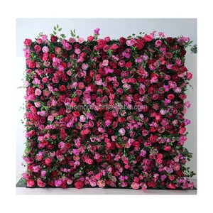 Groothandel Bruiloft Kunstmatige Hete Roze Bloem Wandpaneel Roll Up Bloem Muur Achtergrond 8ft X 8ft Voor Evenement Decor