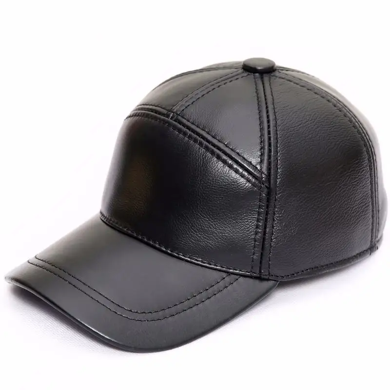 Good Quality Custom Cowhide Hats Leather 6 Panel Caps Baseball Cap With Plaid Leather Hat Autumn Winter Cap For Men