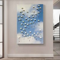 Peinture décorative en forme de parachute tridimensionnel, ciel bleu et nuages blancs, peinture abstraite, peintures murales modernes simples