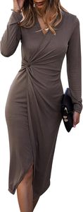 <span class=keywords><strong>Robe</strong></span> midi <span class=keywords><strong>moulante</strong></span> côtelée unie à manches longues, col en V, taille empire, avec fente, pour femme, idéale pour les cocktails et soirées décontractées d'automne - Product Image 6
